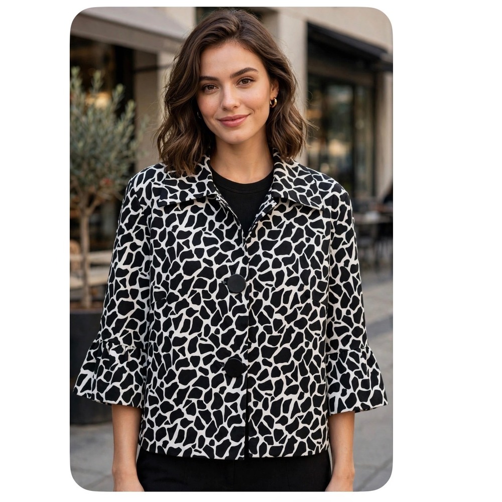 Sandro Sportswear Giraffe Print Ruffle Cuff Jacket Black White Button Front